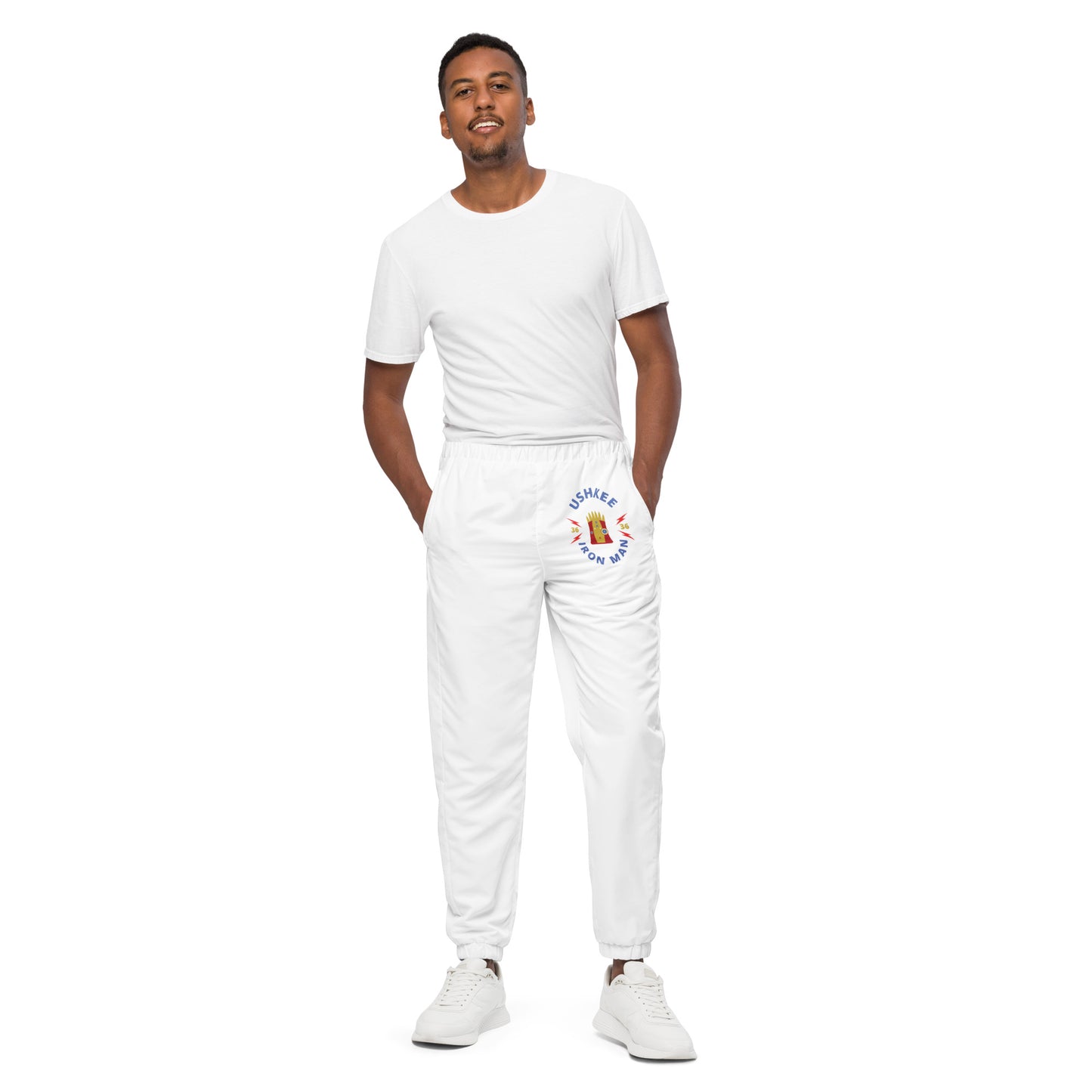 UshKee Iron Man men's white track pants